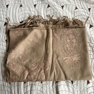 Light brown, embroidered wool scarf